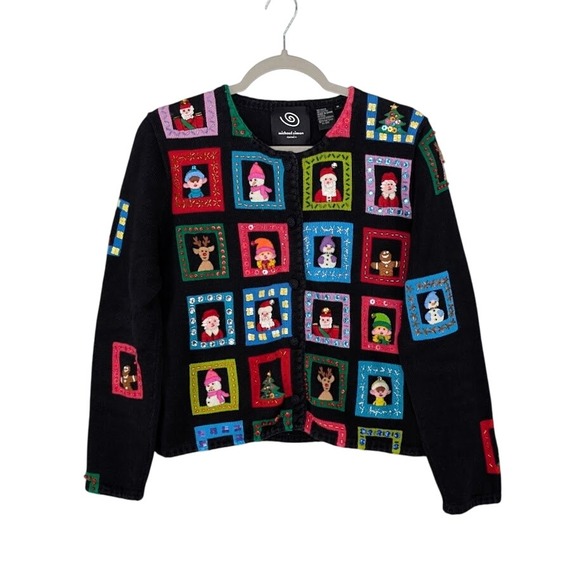 Michael Simon Sweaters - Michael Simon Christmas Cardigan Black M‎ Beaded Window Applique 2001 Y2K